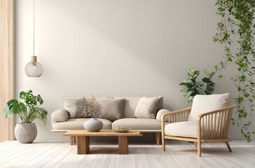 Calm interior with a beige sofa natural wooden accents and indoor plants bathed in warm neutral