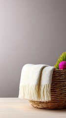 Cream and Cocoa Handwoven Basket with Knitted Throw
