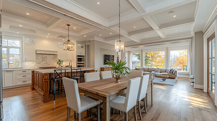 Dining room and kitchen in a new open plan home. Features White walls and ceiling and parquet floors. Beautiful furniture made of wood