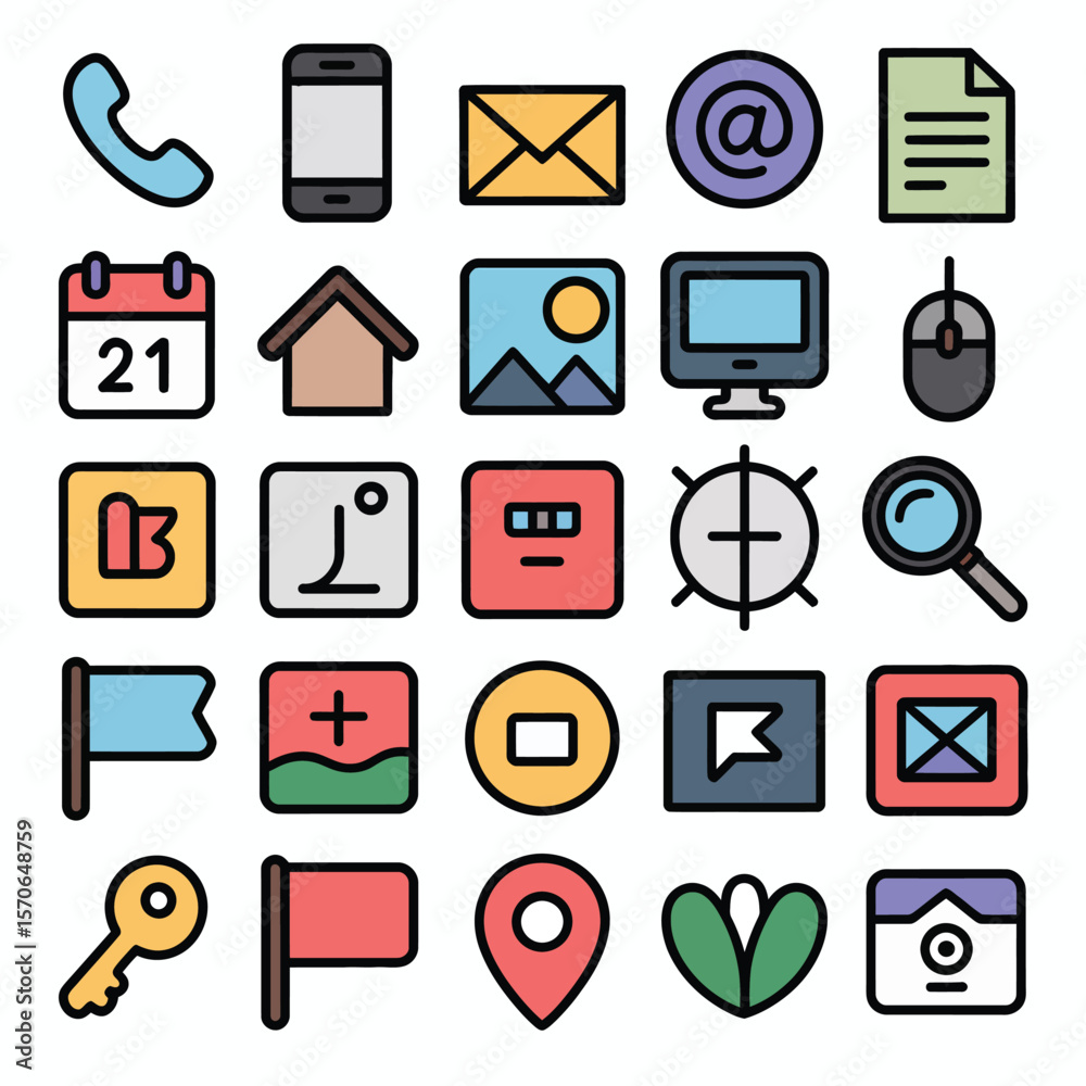 Poster Collection of Colorful Flat Design Icons Representing Communication Technology Website and Multimedia Elements Including Phone Email Calendar House Image Computer Mouse Bookmark Location Key