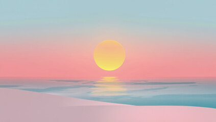 A quiet beach by the sea at sunset, with the sun in the distance and a soft gradient sky in a mix of light blue and pink, a tranquil coastal scene.