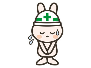 大汗をかいて謝る工事現場のうさぎさんのイラスト