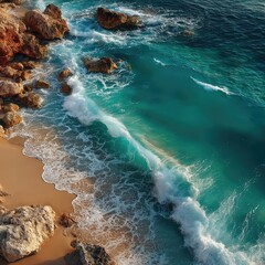 Cream And Turquoise Ocean Waves Crashing On Sandy Beach