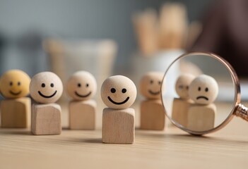 Magnifying glass focusing on a sad wooden figure among smiling ones symbolizing emotional health or social anxiety