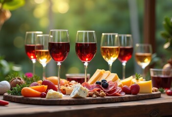 vibrant wine glasses charcuterie board colorful spread gourmet delicacies tableware refreshing scenic experience, food, snacks, appetizers, platter