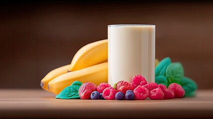 Creamy Smoothie with Banana Raspberry and Blueberry on Wooden Table