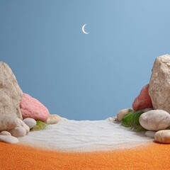 Crescent of Smooth Stones Guarding Sandy Inlet Under Night Sky