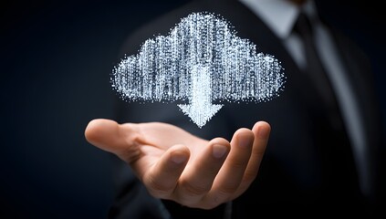 A businessman presenting a glowing cloud download icon in his hand representing cloud computing and data storage