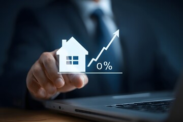 Businessman pointing at rising interest rate with house and percentage icon on virtual screen