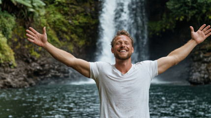 Happy man standing in front of waterfall with arms raised, enjoying nature beauty