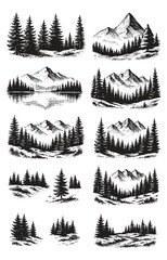 Fototapeta premium Set of vintage forest and mountain landscapes in black ink style, perfect for nature-themed designs, tattoos, or outdoor illustrations.