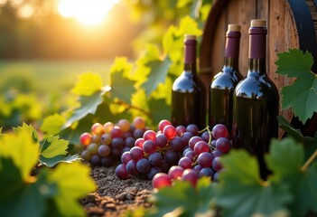 wine bottles surrounded luscious vineyard grapes freshly harvested picturesque wine country setting, cluster, glass, barrel, cellar, vintage, red, white