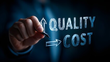 A businessman drawing arrows between quality and cost on a virtual screen to show value strategy