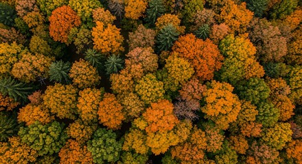 Aerial View of Autumn Forest Canopy with Vibrant Orange and Green Foliage