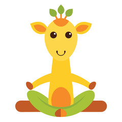 Cute cartoon giraffe meditating in lotus pose with green leaves © Orpita