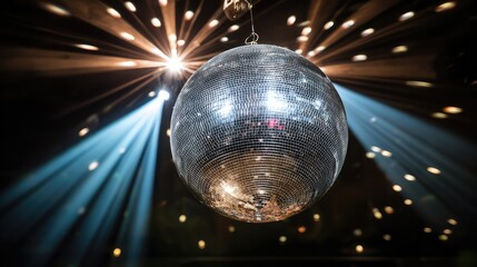 Disco ball casting dynamic light patterns, metallic reflections in a vibrant dance atmosphere