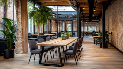 Fototapeta premium Modern coworking space with exposed brick walls, wooden tables, and greenery. atmosphere