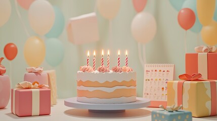 a background like a tapestry wall, light colors, focusing birthday cakes, light candles, gifts and calendars, cartoon and emoji style, minimalist