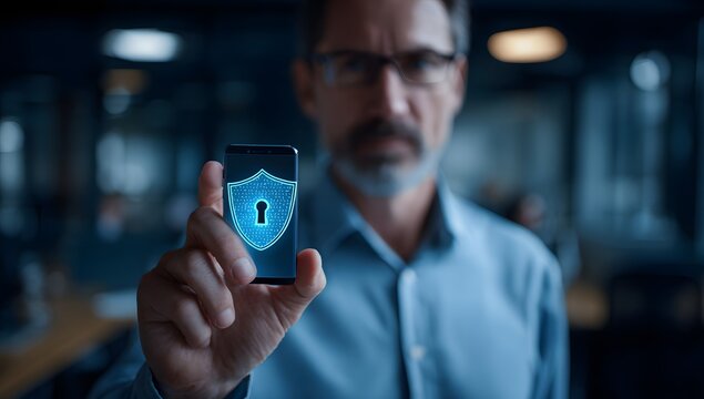 A serious man holding a smartphone with a digital lock shield icon representing mobile cybersecurity and data protection - Powered by Adobe