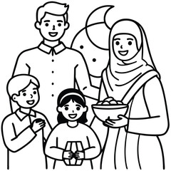 Happy muslim family celebrating together with crescent moon and food silhouette
