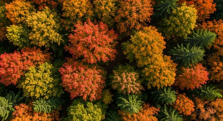 Aerial View of Autumn Forest Canopy with Vibrant Orange Yellow and Green Foliage