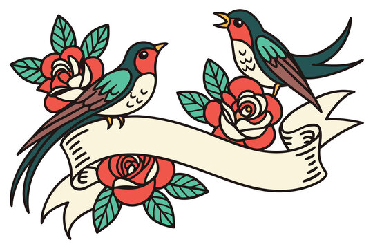  birds,roses,ribbon,banner,illustration,traditional tattoo style,ornate,detailed,colorful,vibrant