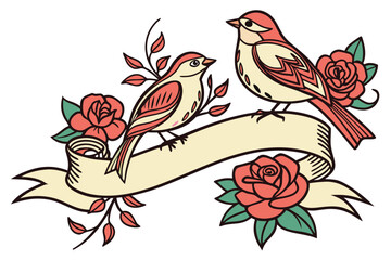 Naklejka premium birds,roses,ribbon,banner,illustration,traditional tattoo style,ornate,detailed,colorful,vibrant