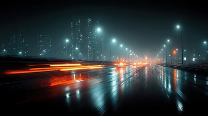 Cyberpunk Elevated Highway at Night with Rain and Light Streaks