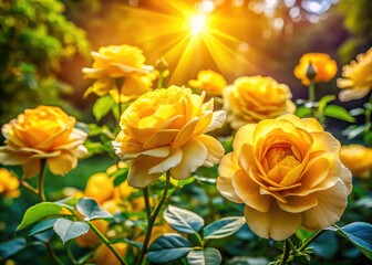 Long exposure captures sunlit yellow roses in a bright, vibrant garden.