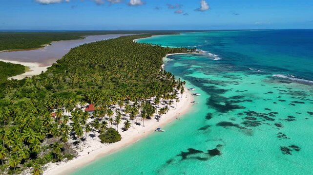 Drone View of the ocean and Laguna Canto de la Playa on Saona Island, Dominican Republic.	