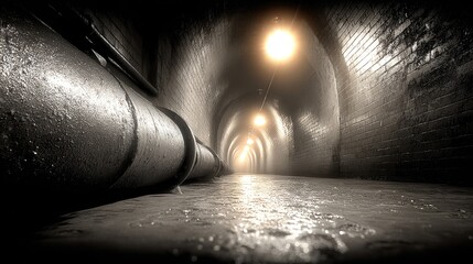 Dark and Atmospheric Underground Tunnel with Pipes and Brick Walls