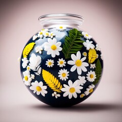 Dark Blue Glass Sphere Vase with White Daisies and Yellow Leaves