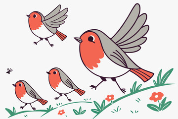   a flock of bright red-breasted birds with gray wings and tails, flying in a sequence, digital art, stylized, cute, cartoon-like, vector illustration
