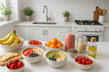 Fresh juice, vegetables and fruit in a kitchen breakfast with fruits

