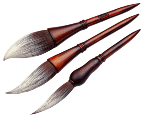 Three angled, fine-tipped brushes with wooden handles