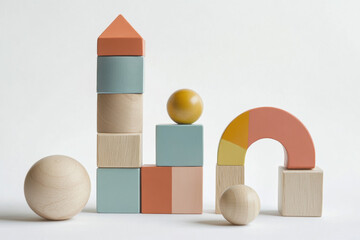Wooden toy blocks colorful train and house stacked in a playful design