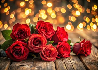 Long exposure captures vibrant red roses, their beauty softened by bokeh, atop rustic wood.