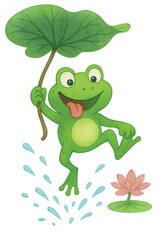 funny-frog-forky-forky-swinging-on-lotus-leaf-watercolor
