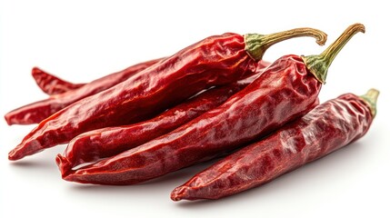 Group of dried, vibrant red chili peppers on a white background.