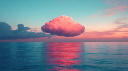 Sunset Reflections, Tranquil Water Meets Pink Cloud, Peaceful Horizon Beauty