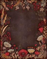 A dark brown textured background framed by dried flowers, berries, and seed pods in muted reds, oranges, and creams