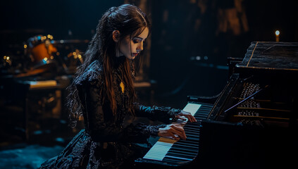 A young woman wearing a black and silver embellished gown plays a grand piano on a concert stage, surrounded by various classical musical instruments under soft, ambient lighting.