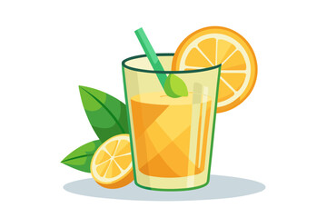 Download this vibrant and refreshing orange juice vector illustration featuring a tall glass filled with bright orange juice and garnished with a lemon slice.