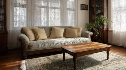 Fototapeta premium vintage living room with antique sofa, wooden coffee table, and large oriental rug, warm natural light filtering through