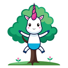 Happy cartoon unicorn dancing joyfully beside a lush green tree