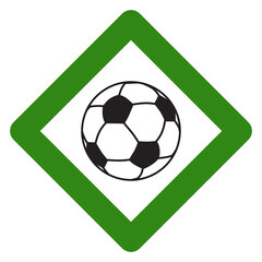 Soccer sign icon with a classic football in a green diamond shape. PNG format with transparent background. Ideal for sports design, football events, training areas, and youth programs.