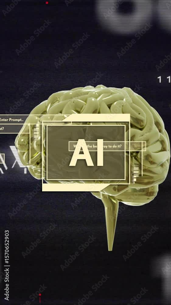 Poster ai brain model with binary code and data processing animation