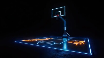Neon-lit basketball court with glowing lines in darkness, empty hoop and vibrant floor markings