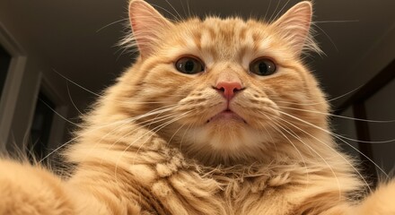 Fluffy orange cat taking a selfie indoors with a curious expression, humorous and engaging.