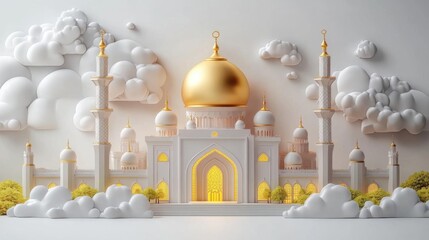 Experience Islamic Architecture With Golden Domes And Decorative Clouds
